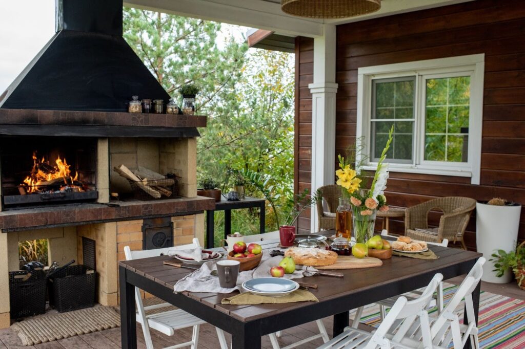 A farmhouse style patio complete with an outdoor kitchen.