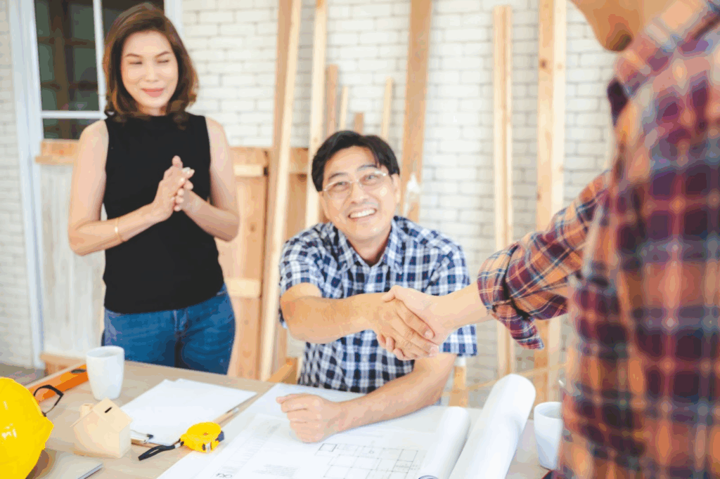 A licensed contractor shaking hands with a client after an agreement.