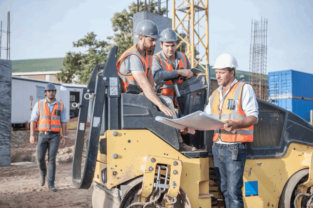 A site manager reviews blueprints on-site with steamroller operators.