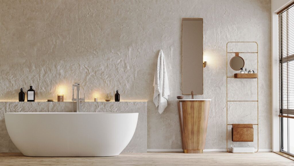 Modern bathroom remodel with freestanding tub, wood vanity sink, mirror, and accessories in a clean 3D render